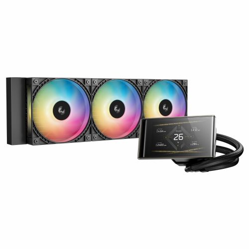 Hladilnik za računalnike DeepCool LT360 VISION ARGB, vodno hlajenje, 12 cm ventilator, LCD zaslon, podpora podnožjem LGA/AM4/AM5, LED osvetlitev