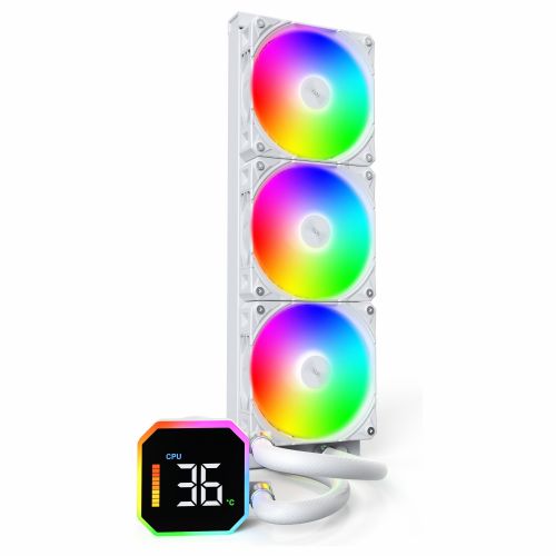 Hladilnik za računalnik Montech HyperFlow Digital 360 White, tekočinsko hlajenje, 3x 12 cm ventilatorji, LED osvetlitev, bela barva, aluminijast radiator