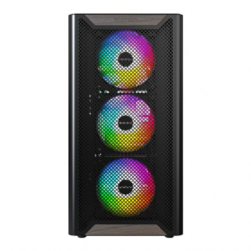 Ohišje za računalnike Montech XR leseno črna, Midi Tower, stransko okno, ATX podpora, 4 vgrajeni ventilatorji, USB-C