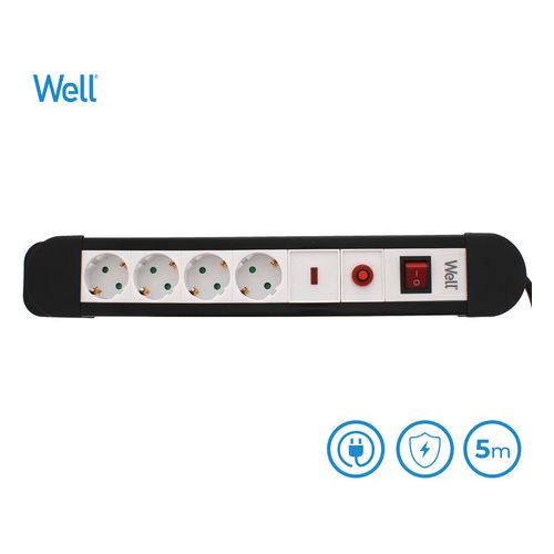 WELL EXTS-4S5M električni podaljšek, 4x SCHUKO, 3500W, 220-250V 16A, 5m kabel, gumb za vklop/izklop, črno bel
