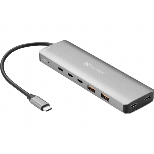 USB hub Sandberg USB-C to 5xUSB-C+2xUSB-A 100W, 7 priključkov, prenos do 10 Gb/s, Power Delivery 100 W, aluminijasto ohišje