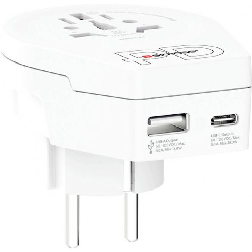Potovalni adapter Skross 1.500295-E, univerzalna združljivost, varnostni mehanizmi, kompakten dizajn