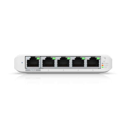 Koncentrator in stikalo Ubiquiti Flex Mini 5x gigabit, upravljanje UniFi, PoE/USB-C napajanje, kompaktna namizna izvedba