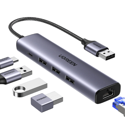 USB hub Ugreen 60554 5-v-1, 3x USB 3.0, Gigabit Ethernet, USB-C napajanje, kompaktna zasnova