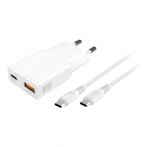 Hišni polnilec za telefone 4Smarts PDPlug Duos Slim 20W GaN, USB-C/A, hitro polnjenje, ultra tanek dizajn, priložen USB-C kabel