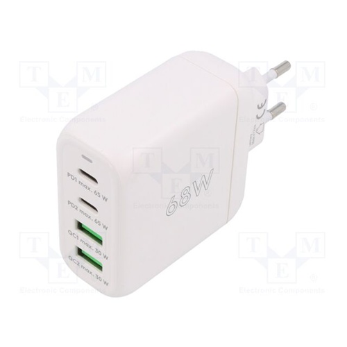 Hišni polnilec Goobay 2x USB-C, 2x USB-A, PD, 68 W, QuickCharge, bela