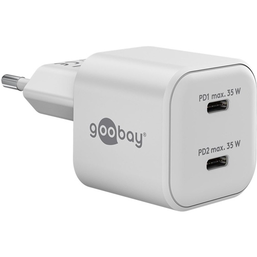 Hišni polnilec Goobay USB-C Nano, PD, GaN, 35 W (bel, 2x USB-C, Power Delivery 3.0)