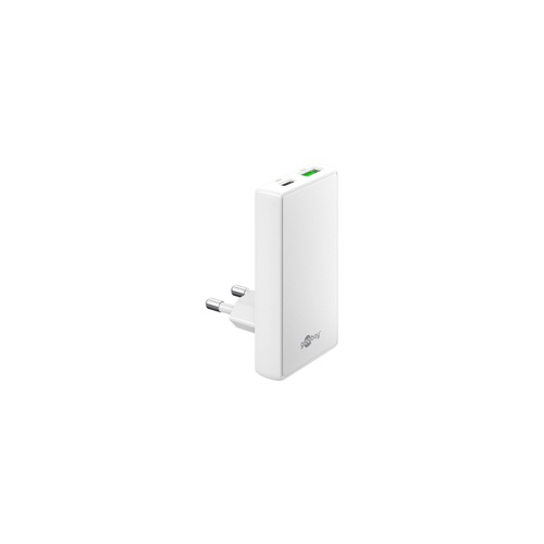 Hišni polnilec za telefone Goobay USB-C/A PD GaN 90° 65 W, dvojni izhod, hitro polnjenje, bela barva