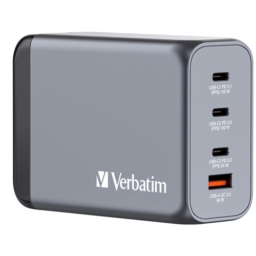 Hišni polnilec za telefone Verbatim GaN 240 W, 3x USB-C, 1x USB-A, PD 3.1/3.0, QC 3.0, možnost polnjenja 4 naprav