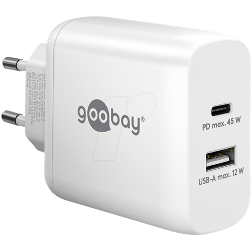 Hitri polnilec Goobay USB-C PD, 45W, 1x USB-A, 1x USB-C PD, bela