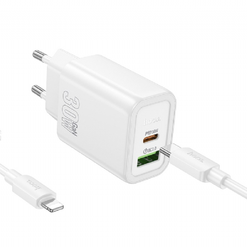 Hoco polnilec N63 GaN PD 30W USB-A, Type C s kablom Type C na Lightning za iPhone - bel