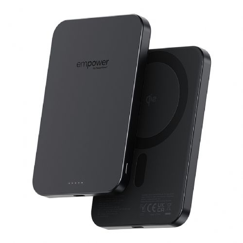 Power bank PanzerGlass Empower Bank 5000 mAh, črna, hitro magnetno brezžično polnjenje Qi2, USB-C 20 W, ohišje iz 70 % recikliranega aluminija, ultra tanka zasnova