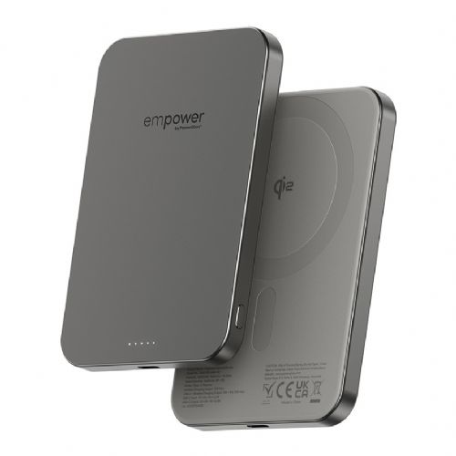 Power bank PanzerGlass EMPOWER BANK 5000 mAh titan, brezžično magnetno polnjenje Qi2 15W, hitro polnjenje 20W, ohišje iz recikliranega aluminija, ultratanka zasnova