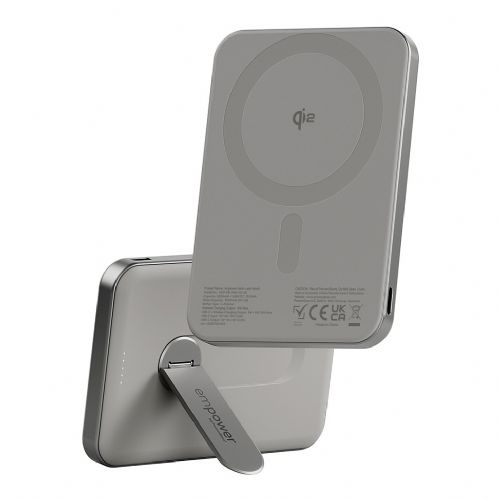 Power bank PanzerGlass Empower Bank 5000 mAh, brezžično polnjenje Qi2, MagSafe, stojalo, hitri USB-C 20W, aluminij