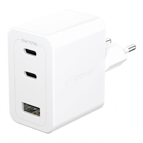 Hišni polnilec za telefone PanzerGlass Turbo 70W hitro polnjenje, GaN tehnologija, 2x USB-C, zaščita pred pregrevanjem, 75% reciklirana plastika