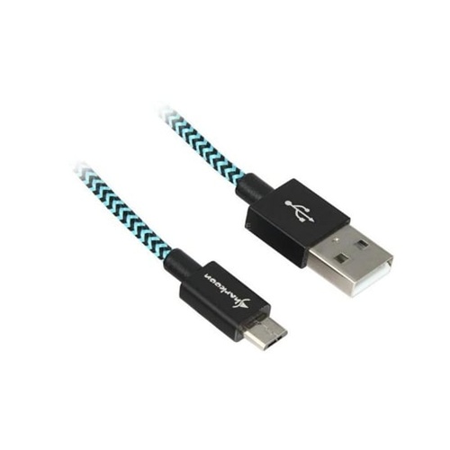 Podatkovni kabel Sharkoon USB 2.0, USB-A na Micro-USB, črn/svetlo moder, 0,5m, z zaščitnim tulcem