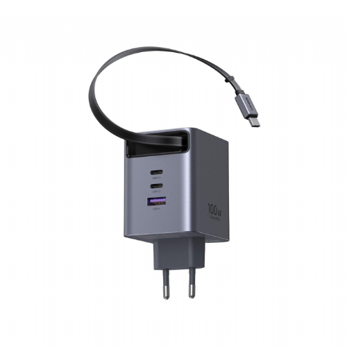 Hišni polnilec za telefone Ugreen 65828 GaN 100W, izvlečni USB-C kabel 0,75 m, 4 izhodi, hitro polnjenje