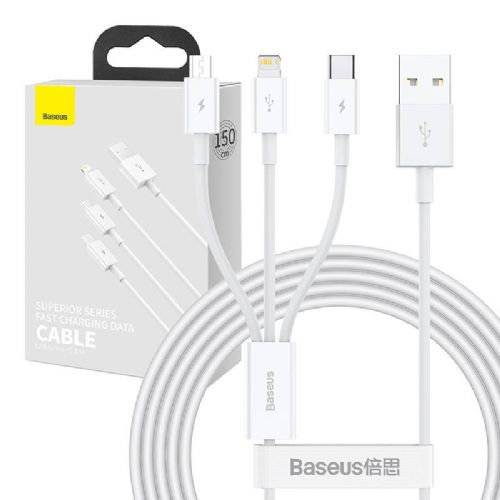 USB kabel 3v1 Baseus Superior Series, USB na mikro USB / USB-C / Lightning, 3,5 A, 1,2 m (bel)