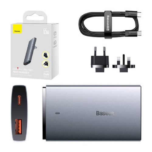 Stenski polnilnik Baseus GaN5, 65W, 1x vrata USB-C, 1X USB-A