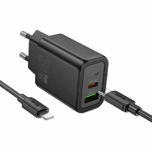 Hoco polnilec N63 GaN PD 30W USB-A, Type C s kablom Type C na Lightning za iPhone - črn