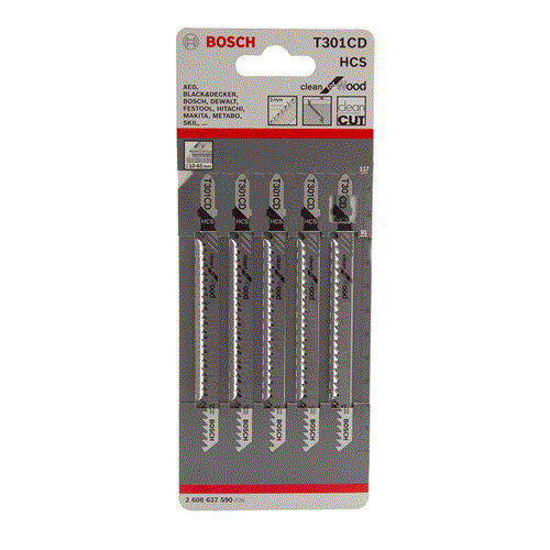 List za vbodno žago Bosch T 301 CD, za les, T-krak, dolžina 117 mm, 5 kosov