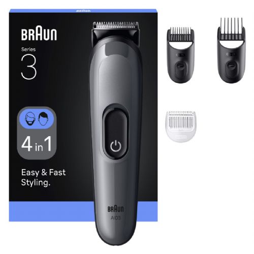 Večnamenski urejevalnik Braun Series 3 AIO3500, 4-v-1 komplet, 14 nastavitev dolžine, 50 min delovanja, jekleno rezilo