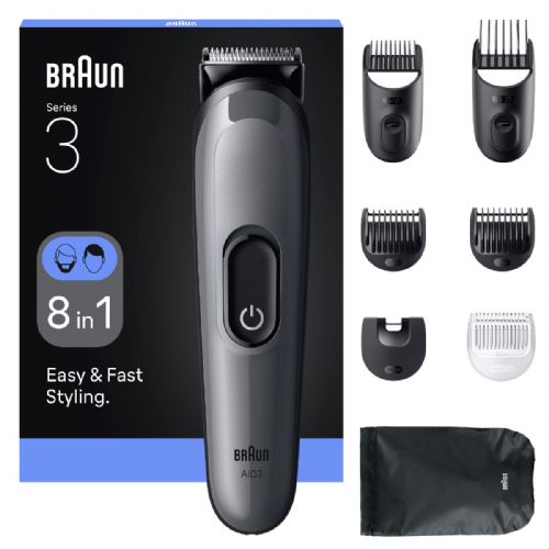 Moški urejevalnik Braun All-in-One 3540, komplet 8 v 1, 14 dolžin (3–21 mm), 50 min delovanja, pralne glave, sive barve