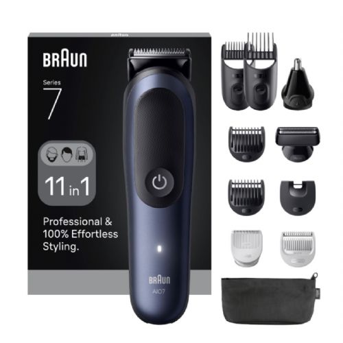 Moški urejevalnik Braun All-in-One 7540, komplet 11 v 1, ProBlade, AutoSense, 120 min delovanja, AquaGrip, kovinsko temno moder