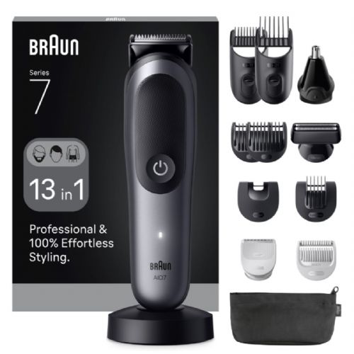 Moški urejevalnik Braun All-in-One 7560, komplet 13 v 1, ProBlade, AutoSense, PrecisionShave, 120 min delovanja, AquaGrip, kovinsko siva