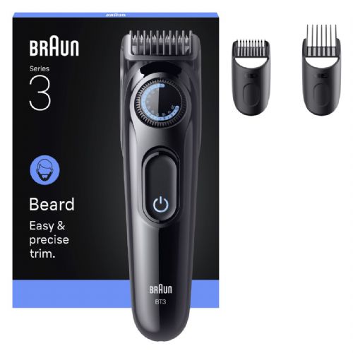 Urejevalnik brade Braun BT3520, 40 dolžin (0,5–20 mm), PrecisionWheel, 50 min delovanja, nerjaveče rezilo, črno-moder