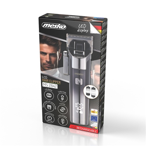 Moški urejevalnik Mesko MS 2842 LED zaslon, vodoodporen IPX6, keramično rezilo, USB polnjenje, 4 nastavki
