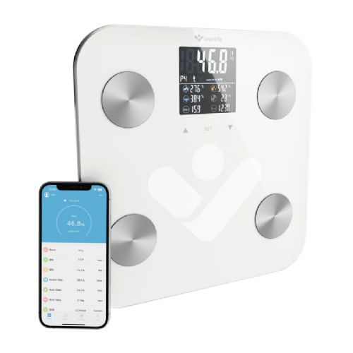 Pametna tehtnica TrueLife FitShape S6 BT White, 19 telesnih indeksov, Bluetooth, 180 kg, barvni LCD, avtomatsko prepoznavanje uporabnika, bele barve
