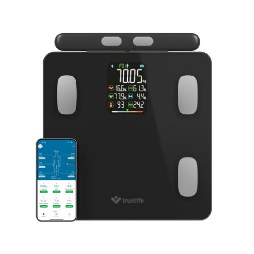 Pametna tehtnica TrueLife FitScale W8 BT Black, bioimpedančna analiza, 7 prikazanih in 15 aplikacijskih indeksov, Bluetooth, črna